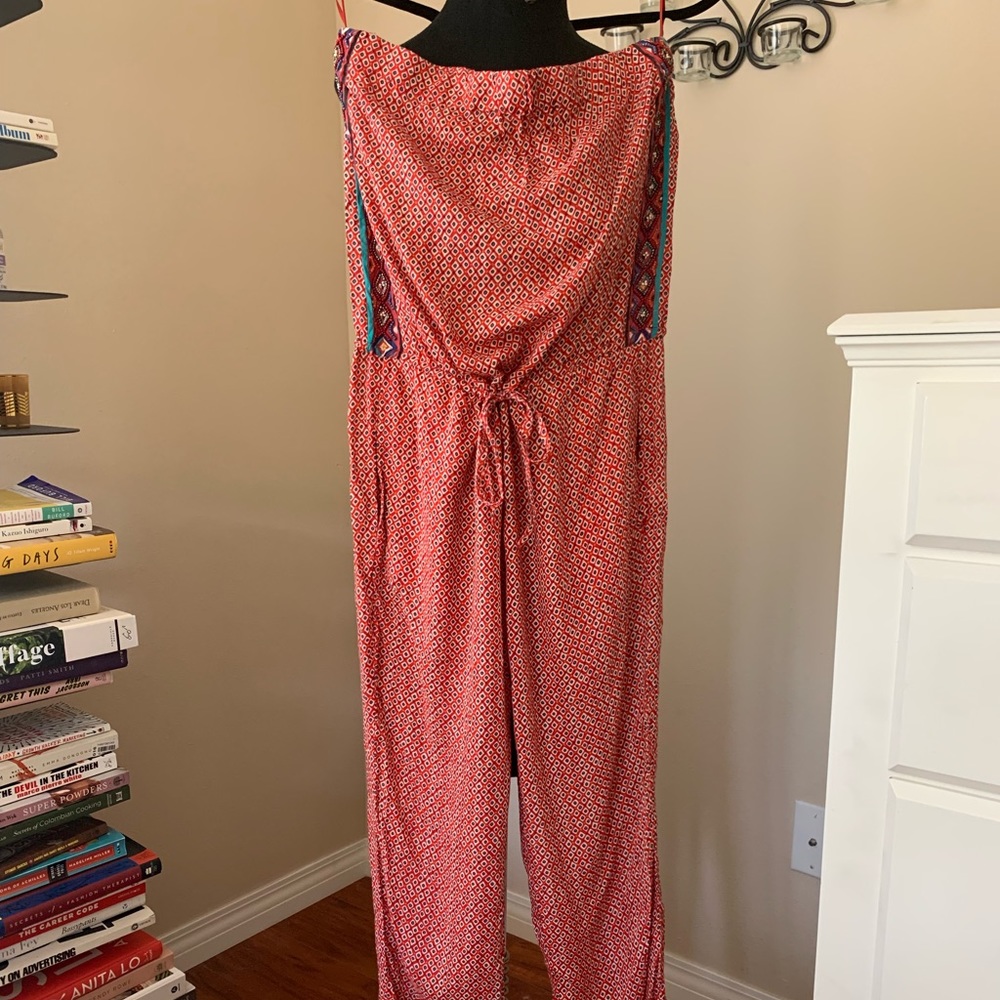 Red Embroidered Strapless Jumpsuit